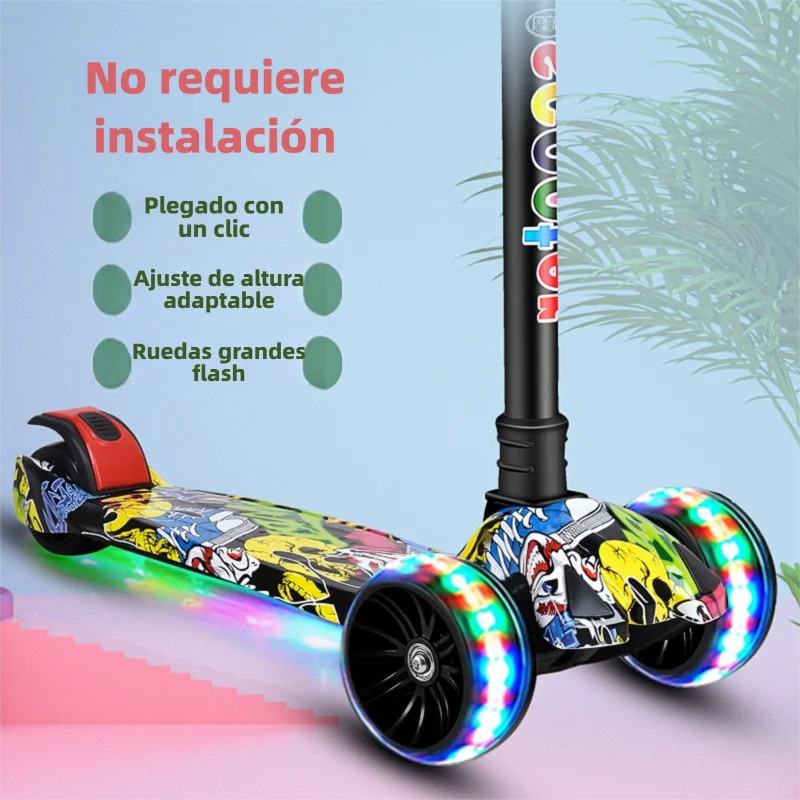 سكوتر للأطفال بتصميم جرافيتي وعجلات، مع دواسة، بنقرة واحدة قابلة للطي ومحمولة