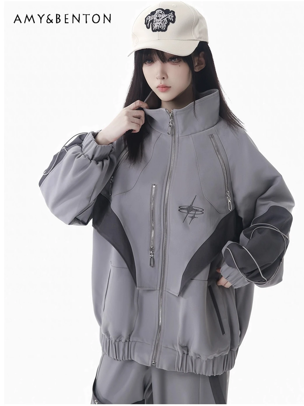 

Harajuku Hot Girl Motorcycle Style Set Silver Fox Velvet Thickened Patchwork Stand Collar Oversized Jacket Y2K Long Pants Skirt