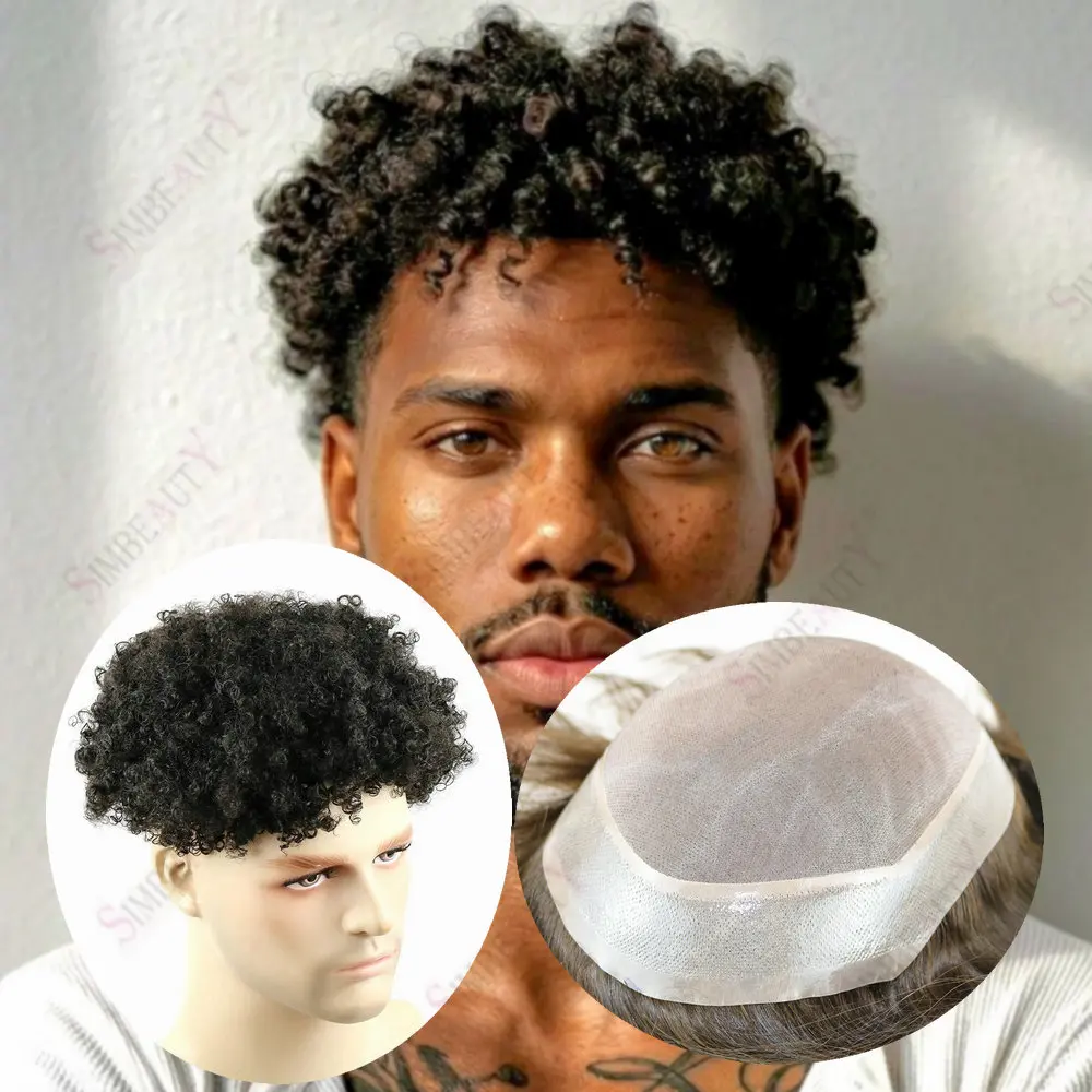 

Natural Hairline 8mm/10mm Afro Curly Men Toupee Undetectable Fine Mono PU System European Human Hair Super Durable Prosthesis