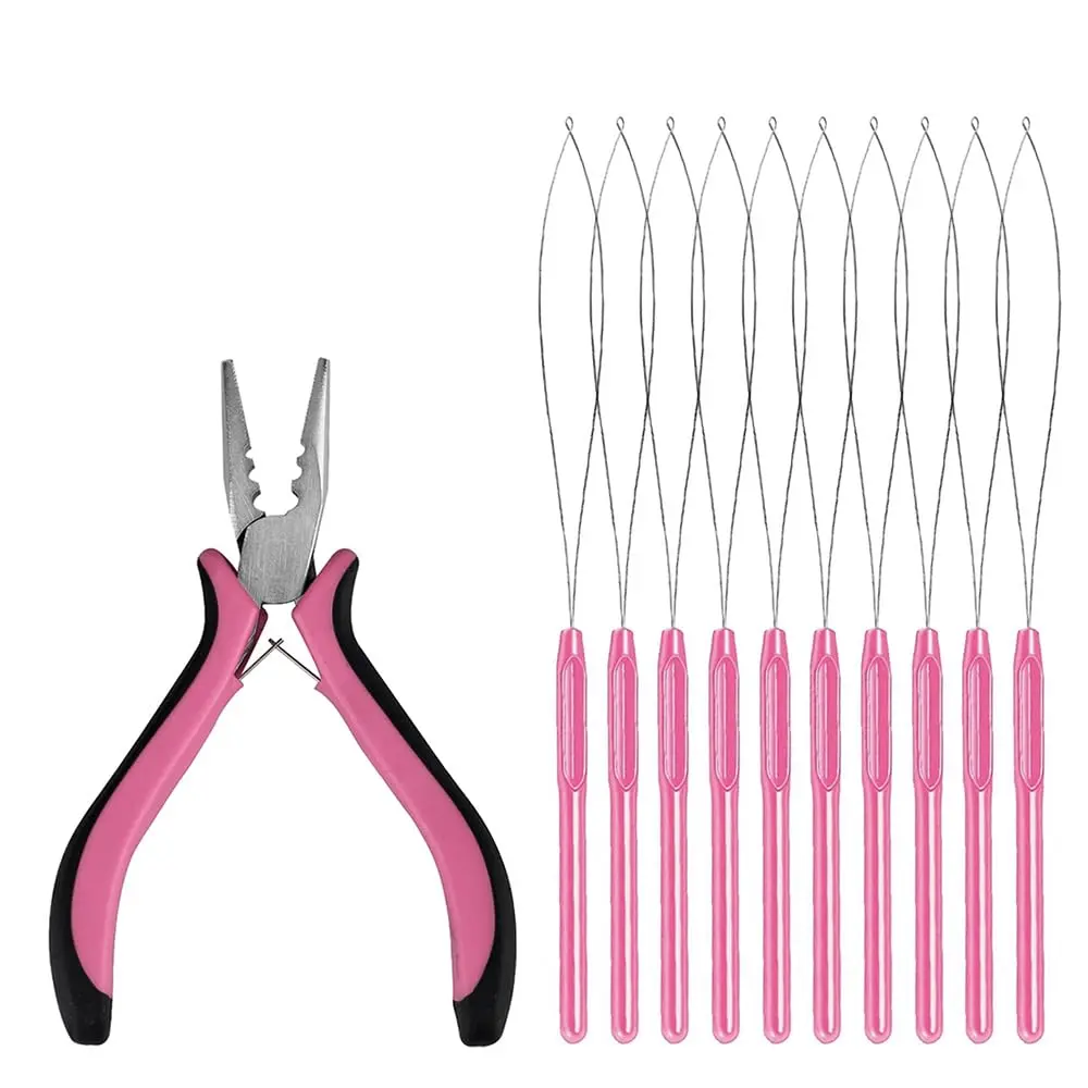 ARLANY Hair Extension Tool Kit Hair Extension Pliers 3 Hole Plastic Hair Threader Pulling Needle 10Pcs Hair Loop Tool for Beads