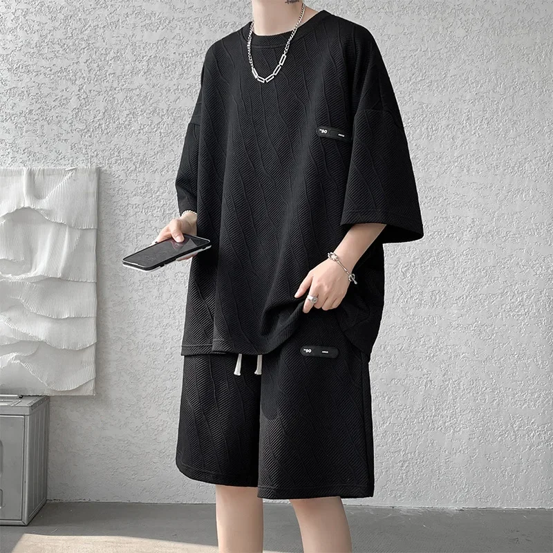 

2025 Summer Men's Waffle Sets Casual Shirts+Shorts Set Male Sports Suit Solid Color Men Clothing Oversized Tracksuit Men