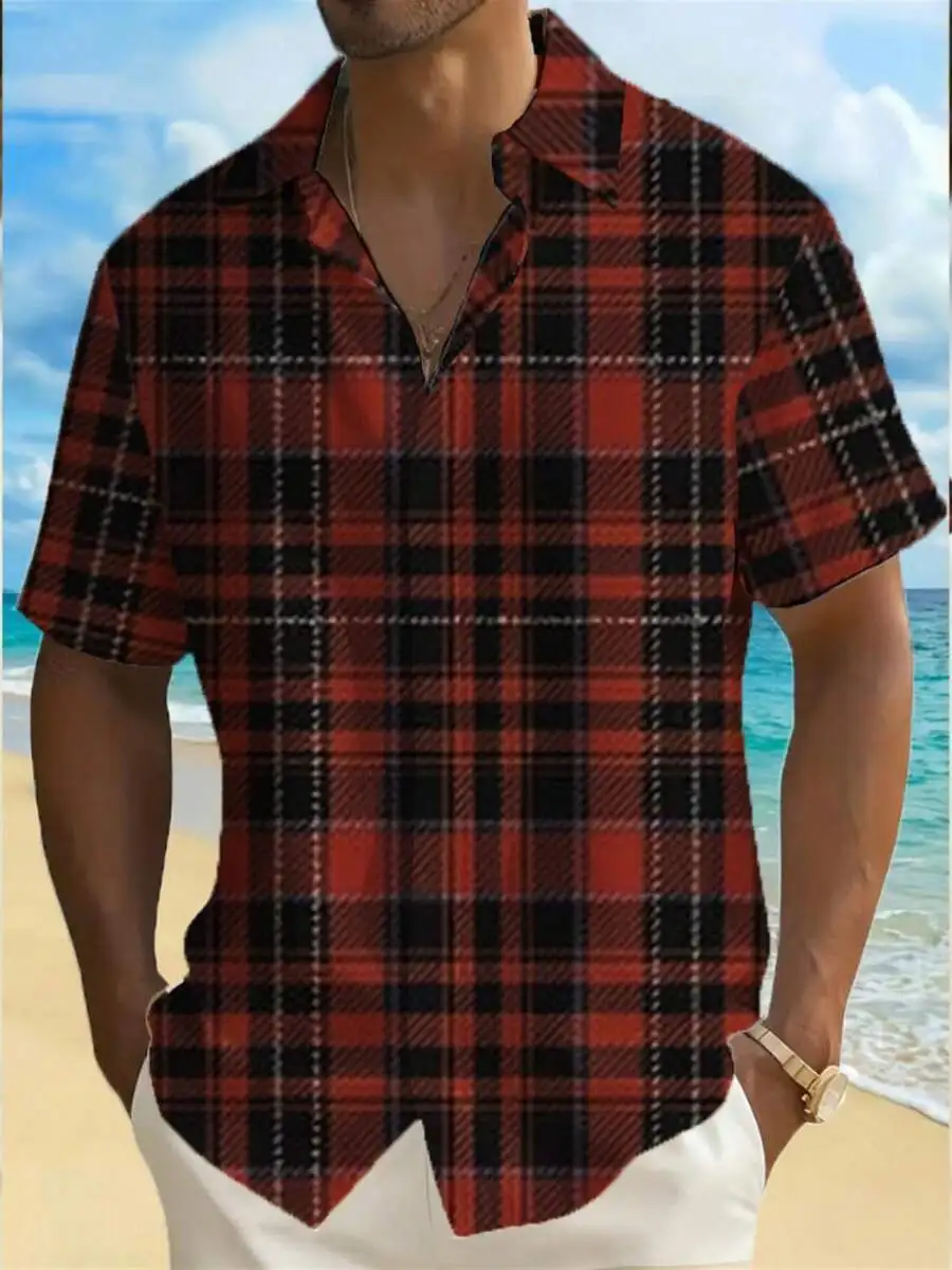 

Red And Black Plaid Pattern Mens Hawaiian Shirt Casual Beach Short Sleeve Button Up