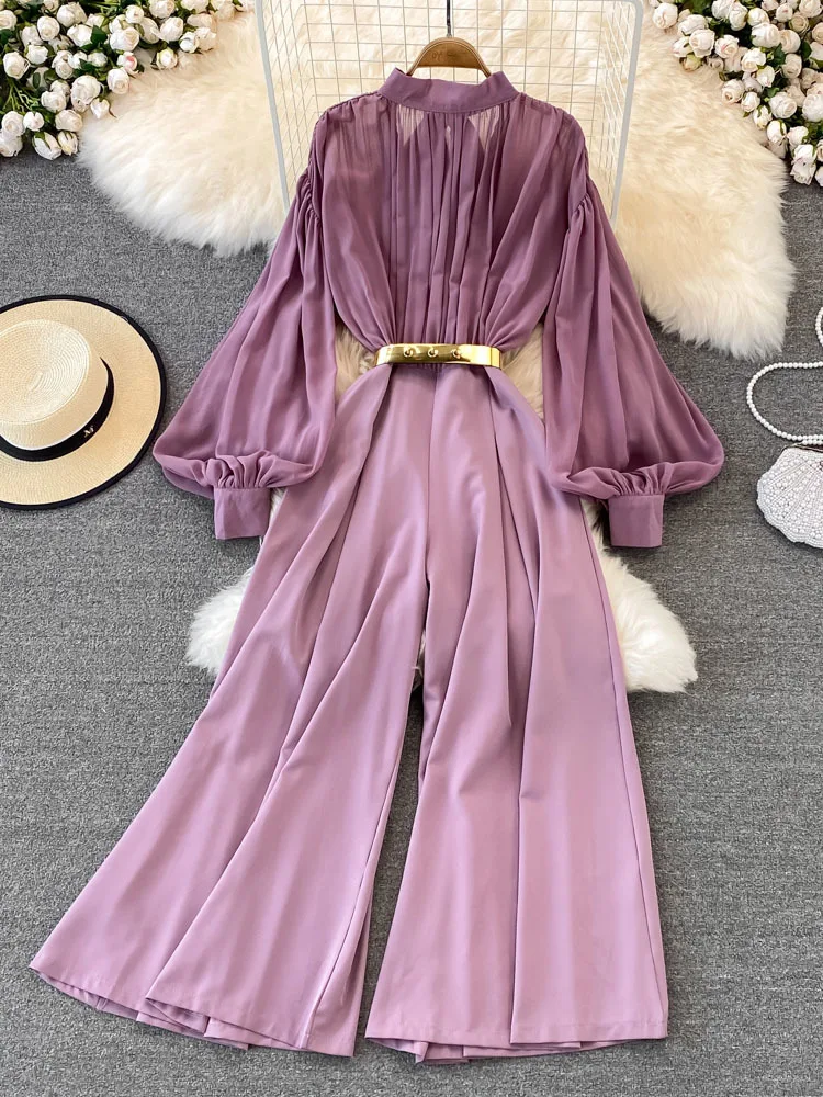 EWQ Sweet Style Women Jumpsuits Pleated Stand Collar Lantern Sleeve Solid Color Wide Leg Jumpsuit Spring Summer 2023 New SN0533