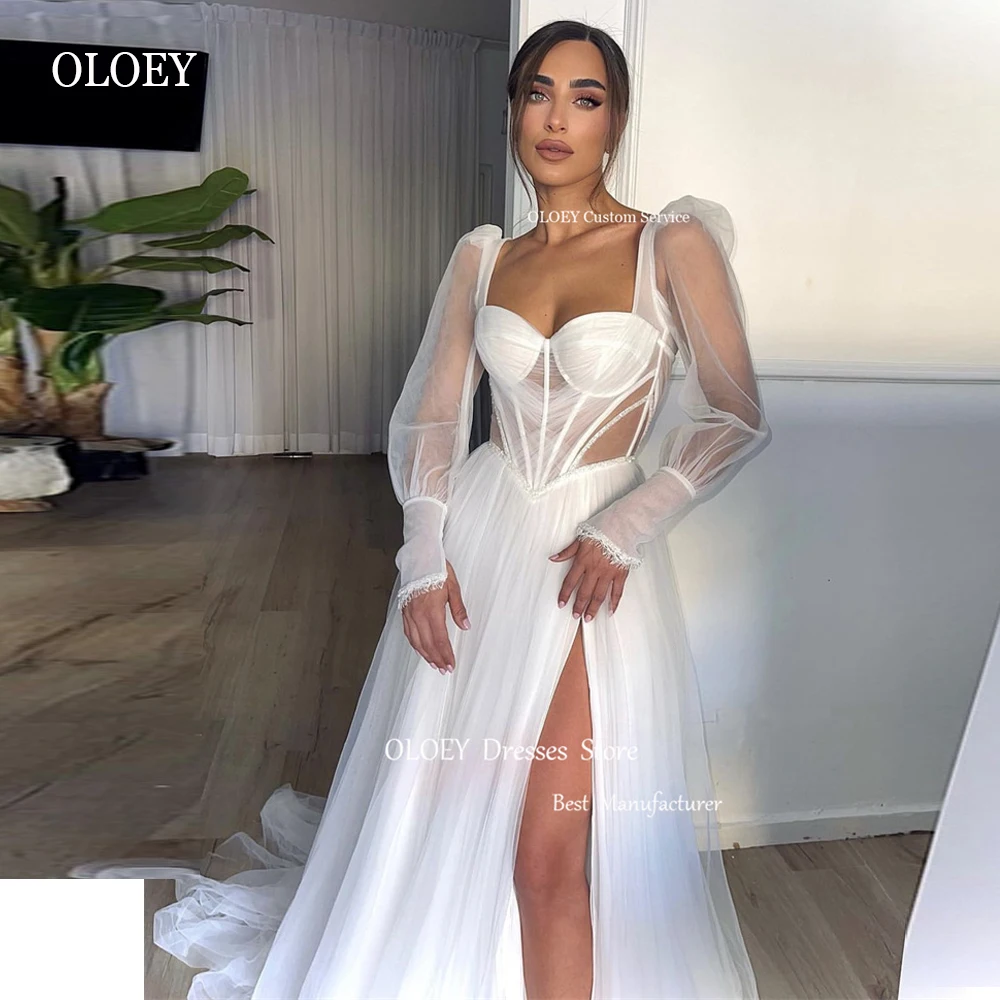 Oloey Elegante Tule A Line Bladerdeeg Trouwjurken Met Lange Mouwen Lieverd Split Sweep Trein Bruidsjurken Robe De Mariage