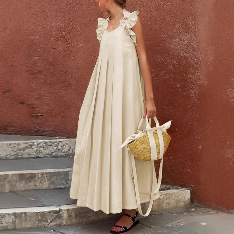 Robe d'été plissée sans manches pour femmes, col rond, ligne a, ample, couleur unie, décontractée et à la mode, Style vacances à la plage