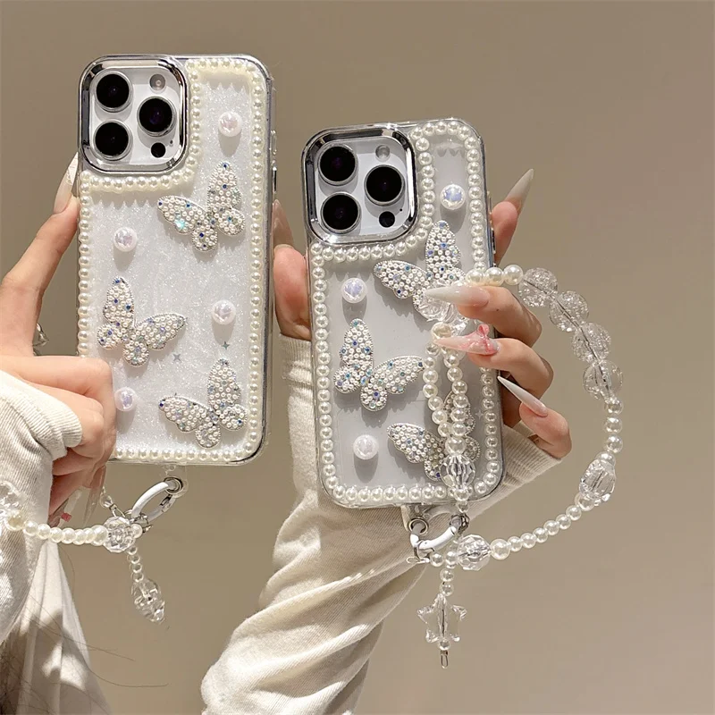 

Back Cover For IPhone 11 13 14 Plus 15 16 Pro Max Case Glitter 3D Pearl Butterfly Bracelet Chain Hard Pc Shockproof Phone Case