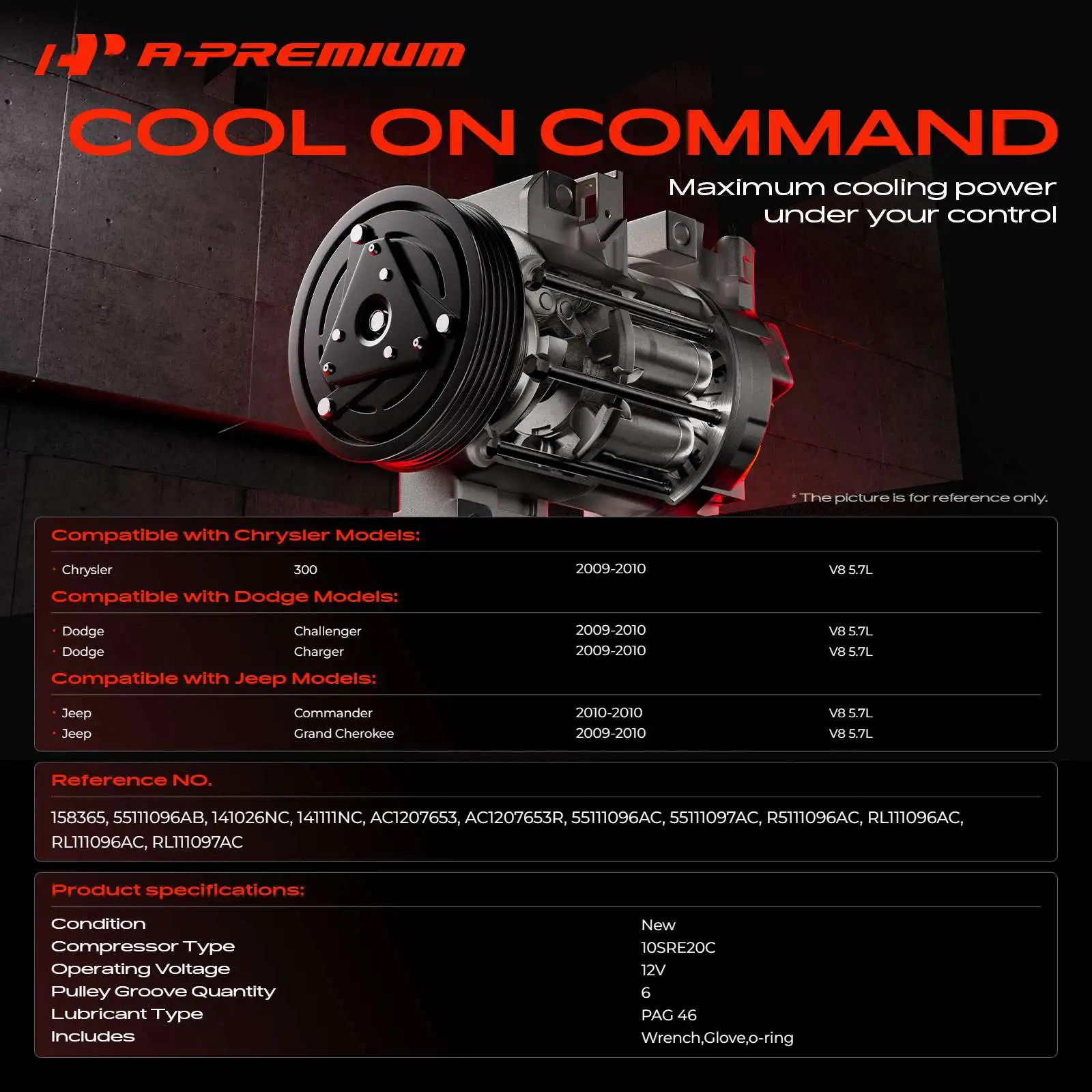 A-Premium AC Compressor with 6-Groove for Jeep Grand Cherokee 2009-2010 Commander 2010 Dodge Charger Challenger 2009-2010