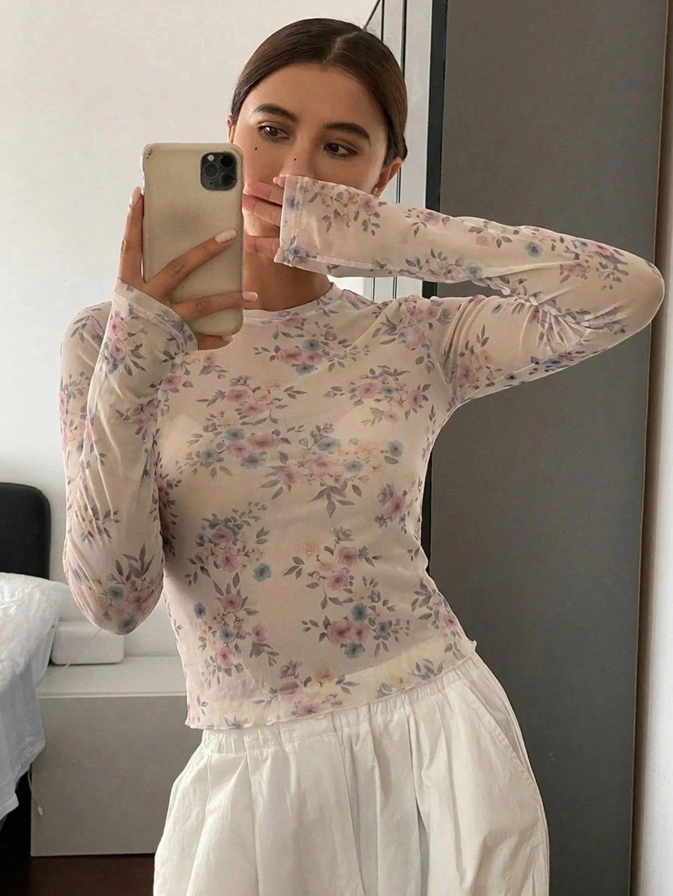 Women 2026 New Autumn Floral Print Mesh Long Sleeve T‑Shirt Round Neck Sheer See‑Through Slim Fit Cropped Layering Top Spicy Gir view 2