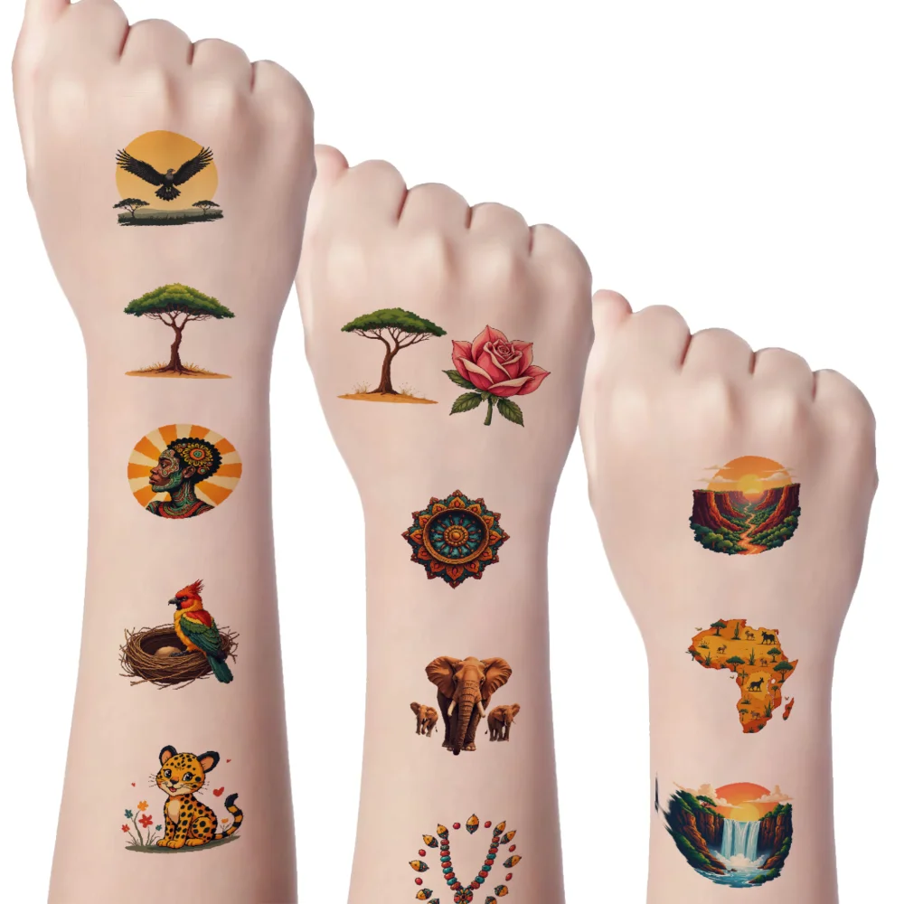 

63pcs Temporary Tattoo Nature Elements Waterproof Long-lasting Body Stickers Wildlife Animals African Art For Cheeks Children