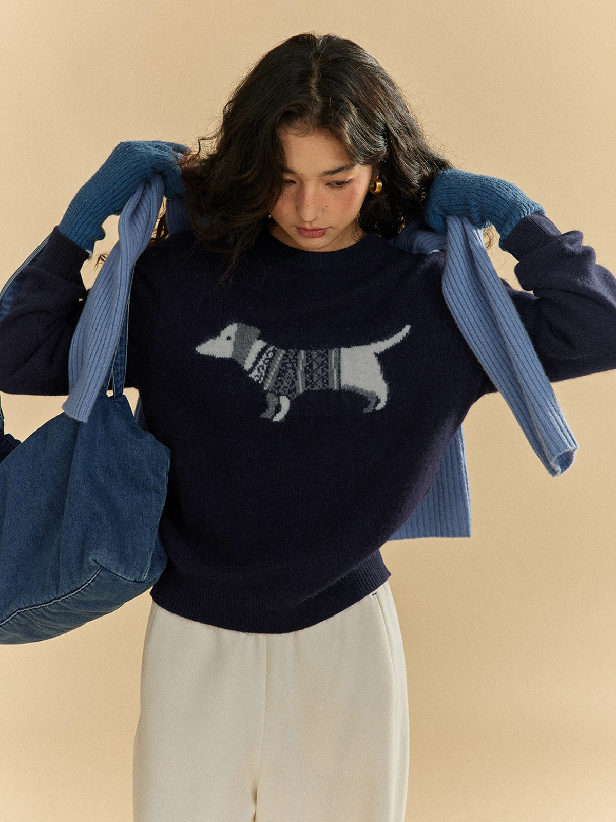 

Солнечный шерстяной вязаный свитер, женский осенне-зимний круглый пуловер Ne Long Sve с рисунком собаки, Faionable Comm...