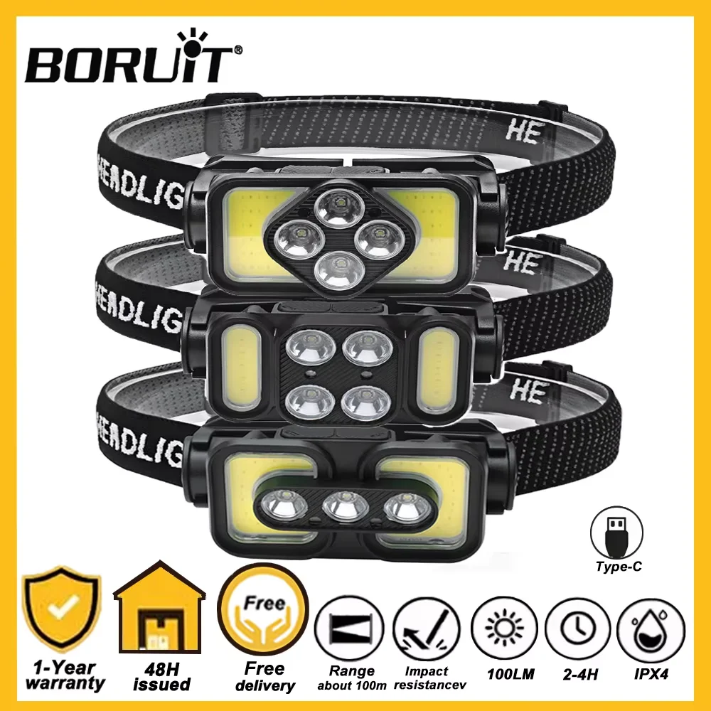 

Налобный фонарь BORUiT Sensor COB LED с аккумулятором 18650, перезаряжаемый через Type-C, 6 режимов освещения, водонепроницаемый, для рыбалки и кемпинга