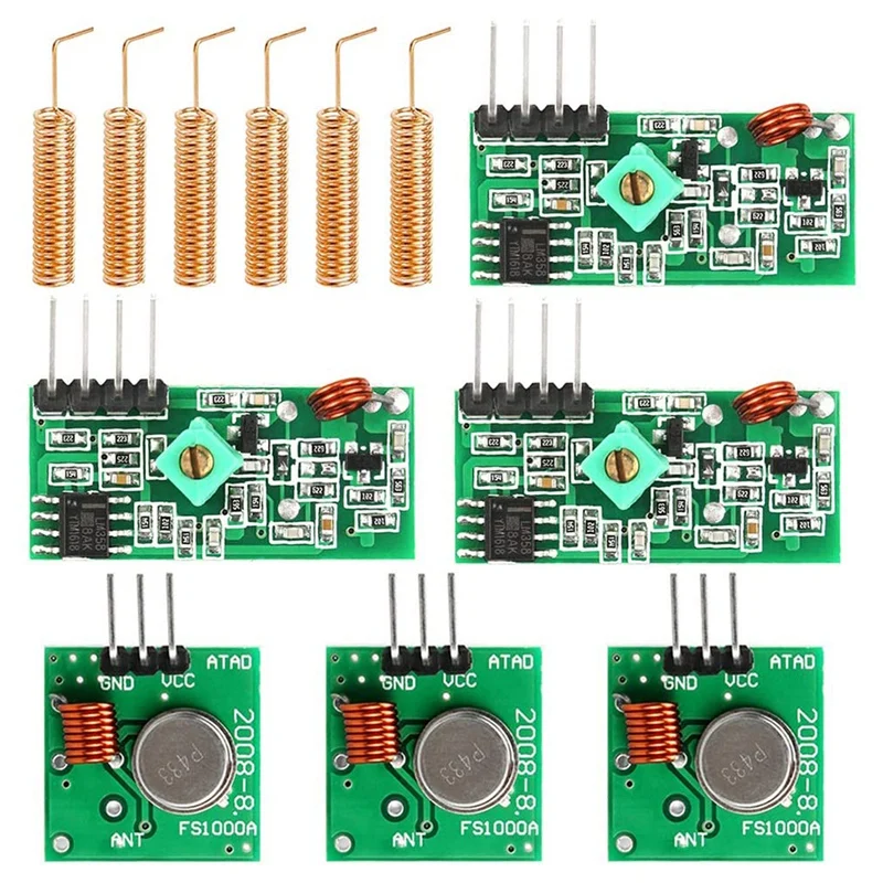 Juego de 3 módulos de transmisor y receptor de Radio de 433 Mhz + Control remoto de resorte espiral helicoidal de antena de 433 Mhz