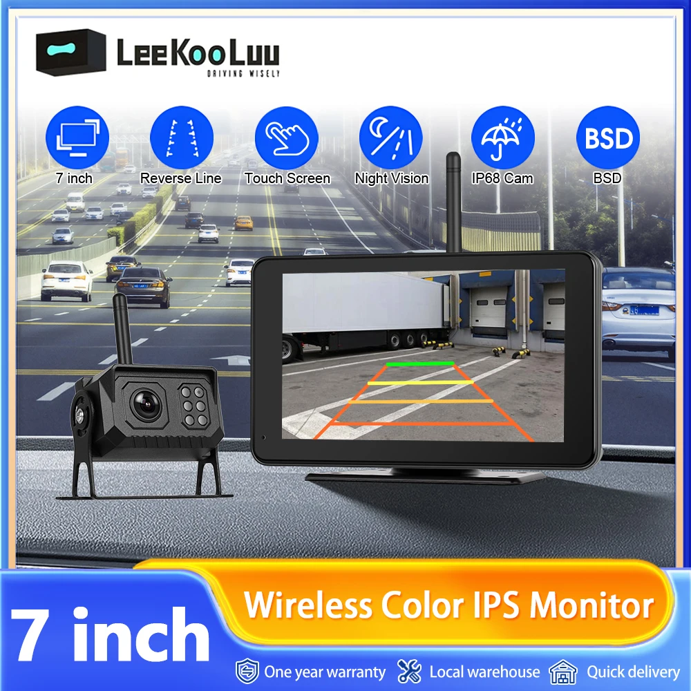 Leekooluu 7 "IPS écran caméra de recul sans fil IP68 étanche infrarouge Vision nocturne caméra de recul avec BSD pour camion/Bus/RV