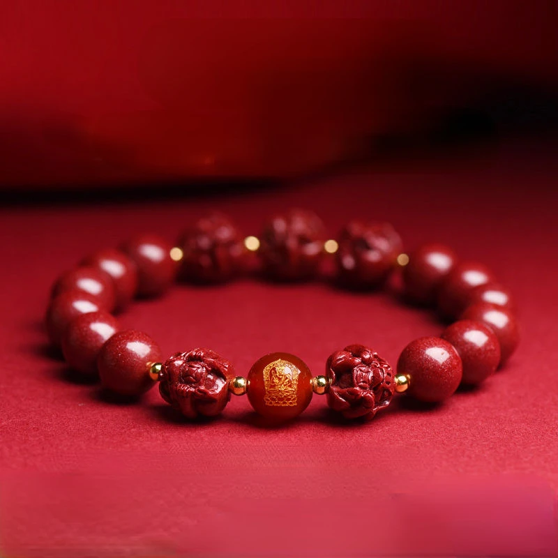 Miniatures Twelve Zodiac Bracelet High Content Natural Vermillion Cinnabar Triple String Gift for Men and Women Amulet Fengshui