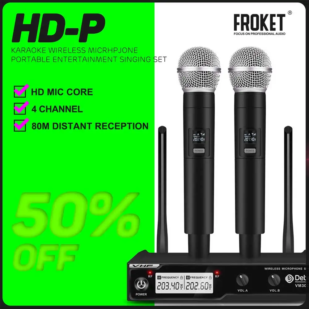 FROKET VHF Wireless Microphone System VM302 With 2 Handheld Cordless Mic,80 Meters Distance For Church,Speech,Family Karaoke.