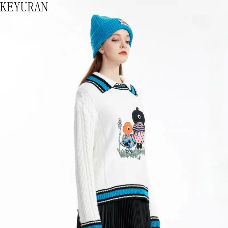 Autumn Winter Embroidery Contrast Color Laple Knitted Pullovers Women's Sweater Korean Style Outerwears Knitwear Tops Pull Femme