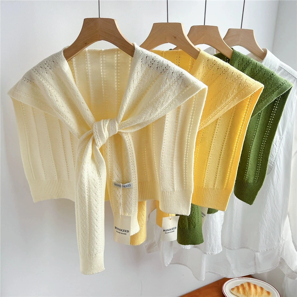 

Korean Plain Basic Hollow Out Knitted Warm Shawl Winter Female Blouse Shoulders Fake Collar Cape Knotted Scarf Stripe Outerwear
