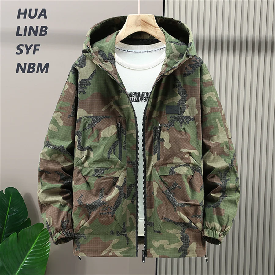 

Oversized Spring Autumn Men's Thin Jackets Casual Outdoor Coats Printed Hooded Outerwear Hiking Fishing Soft Jackets