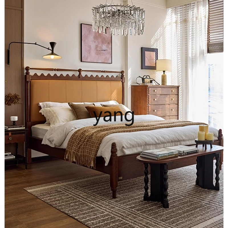 

TGF French Retro Solid Wood Bed Genuine Leather Upholstered Bed Double Master Bedroom Large Bed American Oak
