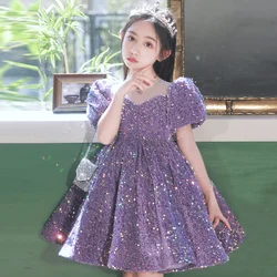 2023 Evening Wedding Kids Formal Occasion Party Dresses for Little Girls Special Events Purple Sequins Short Gown Luxury Pageant