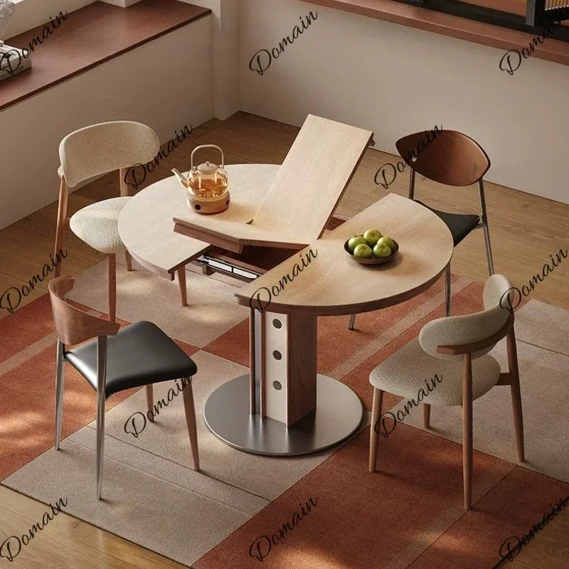 30XX Home Modern Luxury Solid Wood Retractable Folding Dining Table Household Travertine Rock Slab Round Tables With 4 Chairs Pl