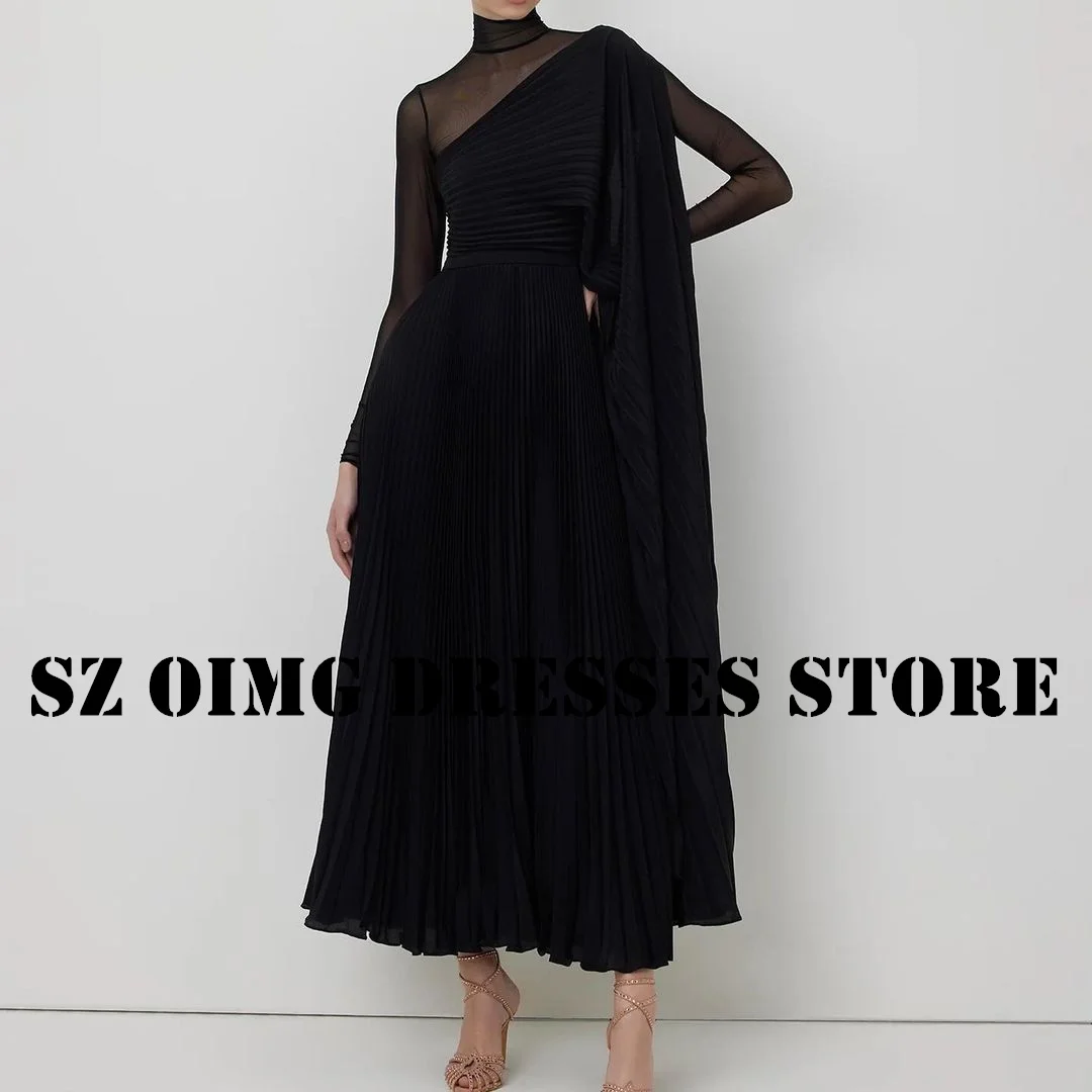 OIMG New Design High Neck Prom Dresses Arabic Women Short Sleeves Chiffon Black Pleated Evening Gowns Formal Party Dress