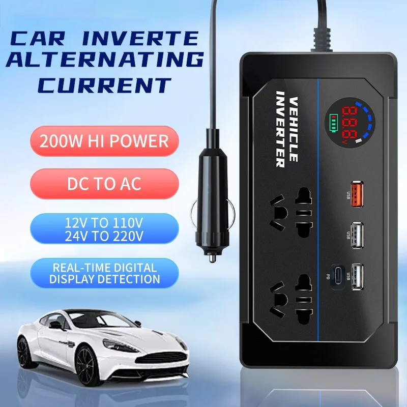 

Vehicle-mounted inverter converter: 12V/24V to 110V/220V cigarette lighter socket Type-C charger