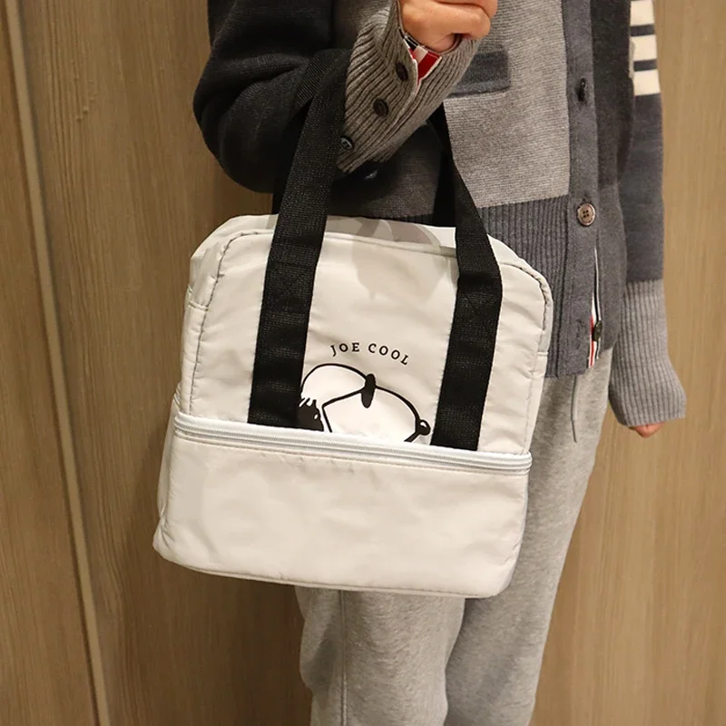 Japan Double Insulated Bento Bag Cartoon Cute Snoopy Layered Picnic Lunchbox Tote Mom HandBag Insulated Canvas Lightweight Balck