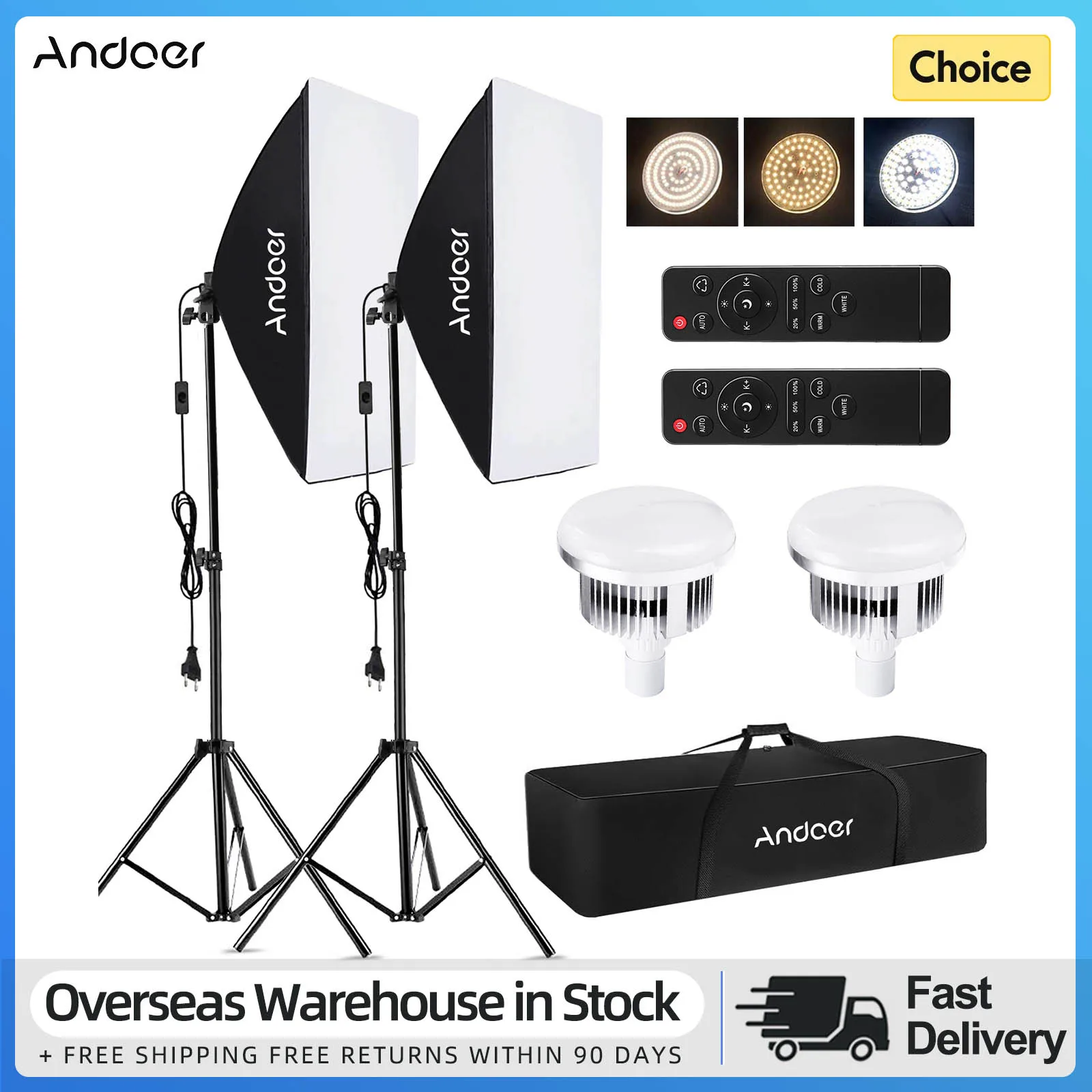 Andoer Studio Softbox Lighting Kit with 85W 2800K-5700K LED Light * 2 + 50x70cm Softbox * 2 + 2M Light Stand * 2 for Photo Video