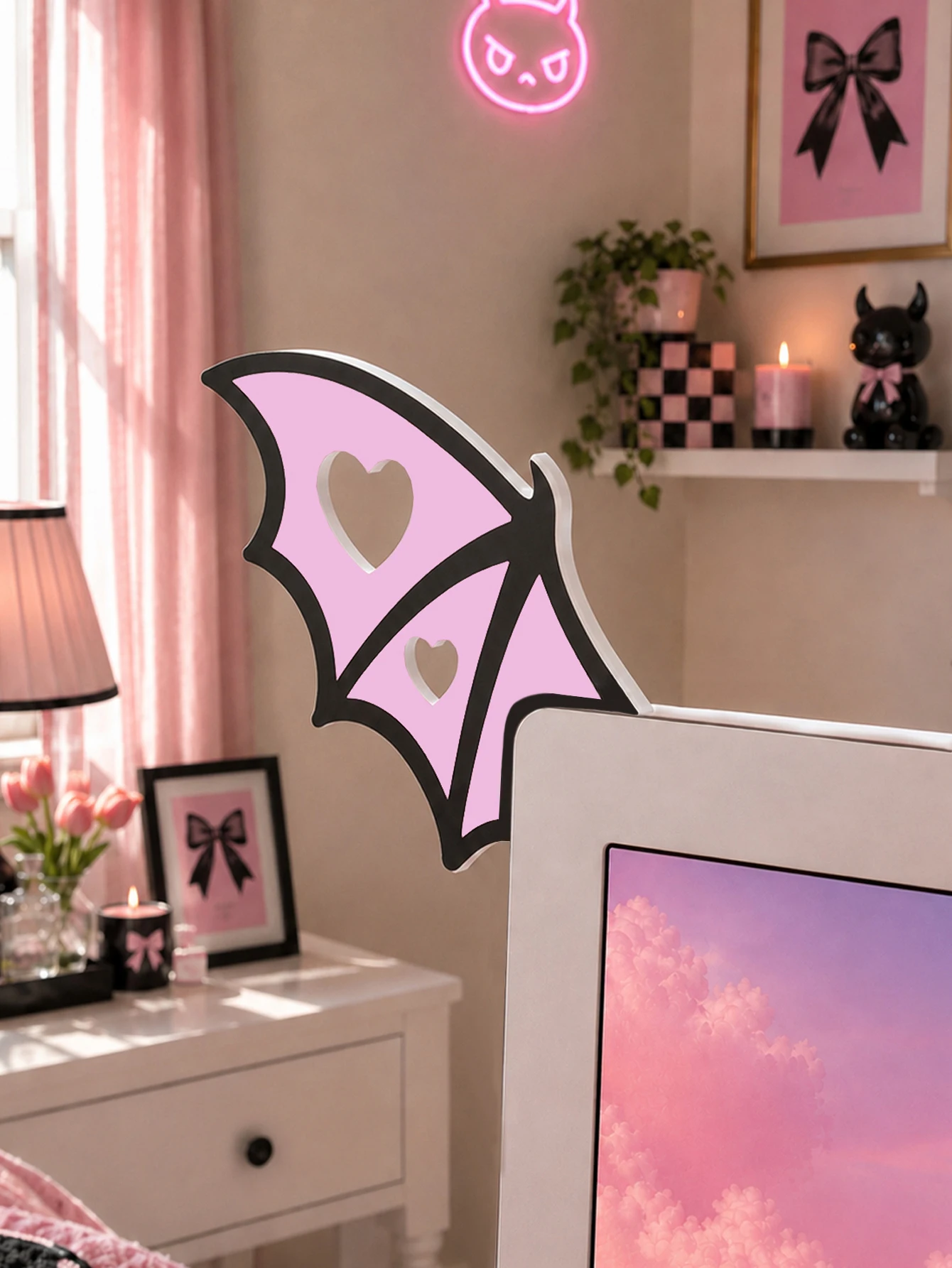 Niedliche Computer-Monitor-Dekoration, rosa Schleife, Katzenohrform, Ornamente, Kawaii-Desktop-Dekoration für PC, Laptop, Zimmer, Schreibtisch, Dekoration, Mädchen-Geschenk – Detail 40