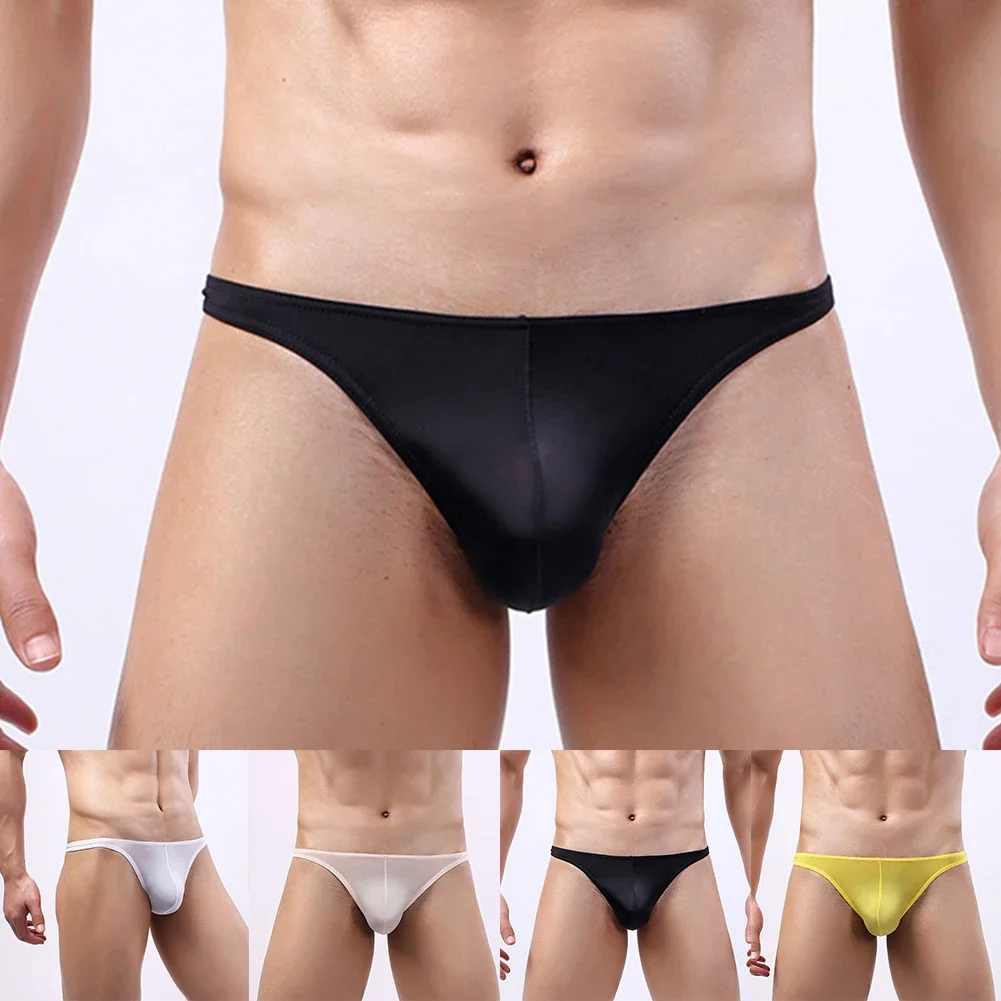 String en maille Sexy pour hommes, sous-vêtements avec poche bombée, toutes saisons, ajustement confortable, tissu en soie glacée léger
