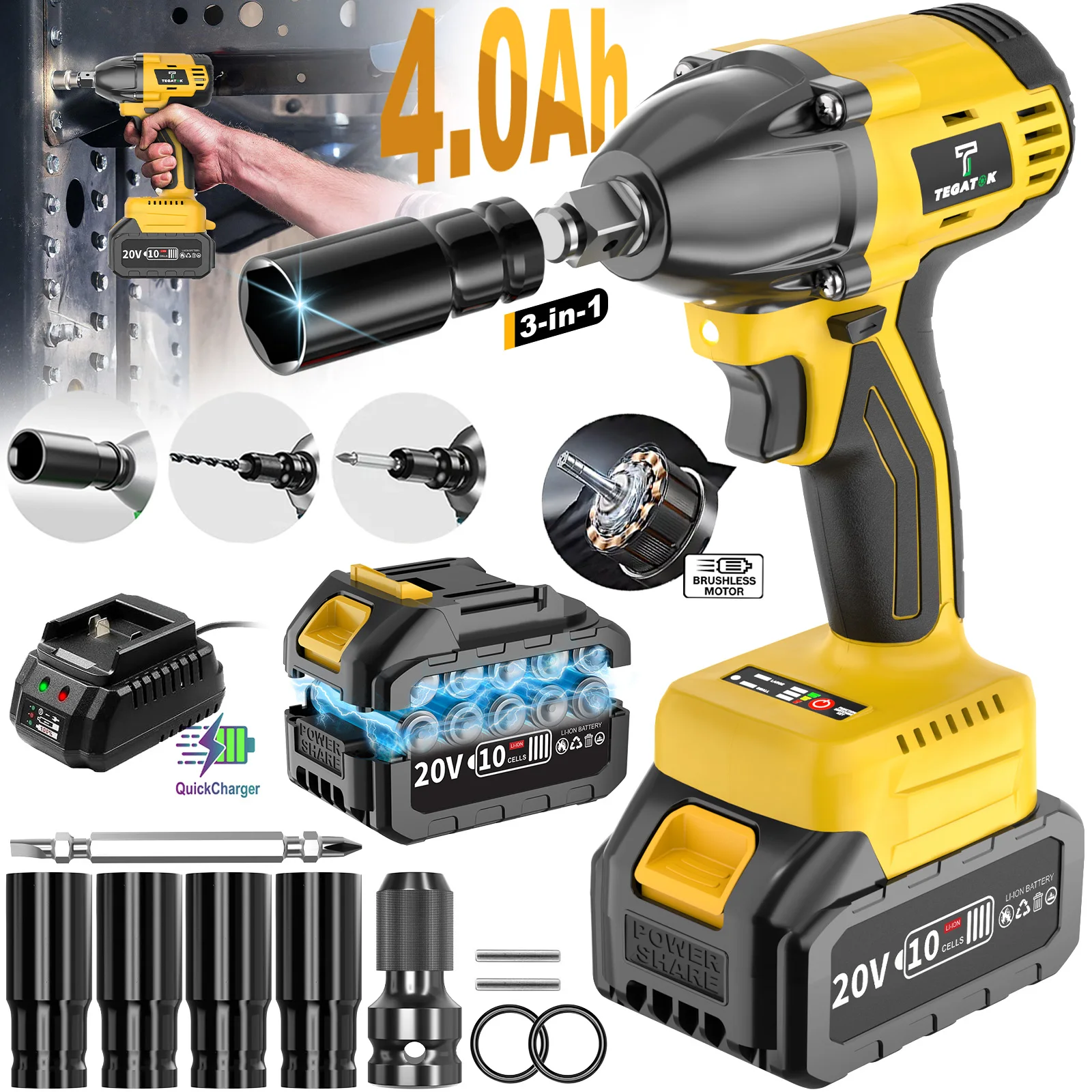 مفتاح ربط كهربائي 3 في 1 مع عزم دوران عالي 430 نيوتن متر مفتاح كهربائي بدون فرش لأدوات صيانة السيارات مفتاح ربط لاسلكي 20 فولت كهربائي