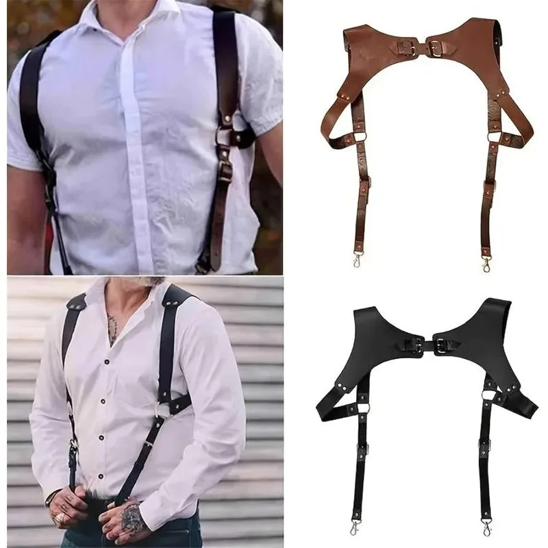 Imbracatura di supporto per la schiena da uomo nuova Ganci in metallo Tracolla da uomo regolabileBretelle in pelle steampunk per uomo Disegni vintage