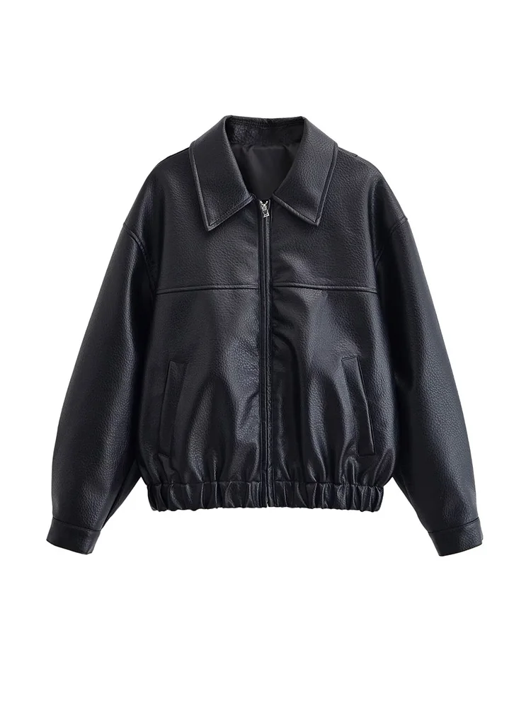 Casaco Feminino de Moda com Zíper em Couro Sintético, Mangas Longas, Gola Reversível, Casaco Sólido Casual Versátil com Bolsos para a Primavera