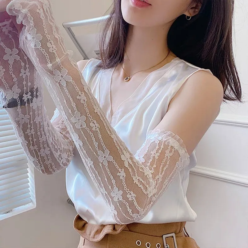 Summer Ice Silk UV Protection Sleeves Women Lace Arm Hand Cuff Girls Sunscreen Soft Oversleeve Dustproof Fingerless Arm Cover