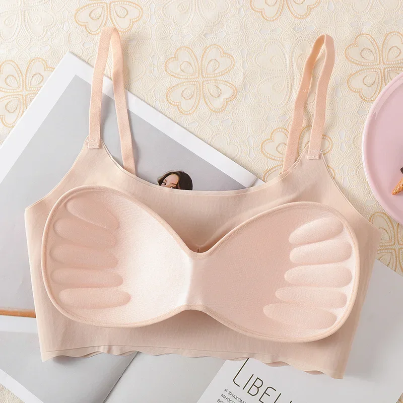 Lingerie Sutra Es Tanpa Jahitan Laris untuk Wanita, Camisole Seksi dengan Desain Cantik di Bagian Belakang dan Pembungkus Dada, Bra Olahraga Tidur Wanita
