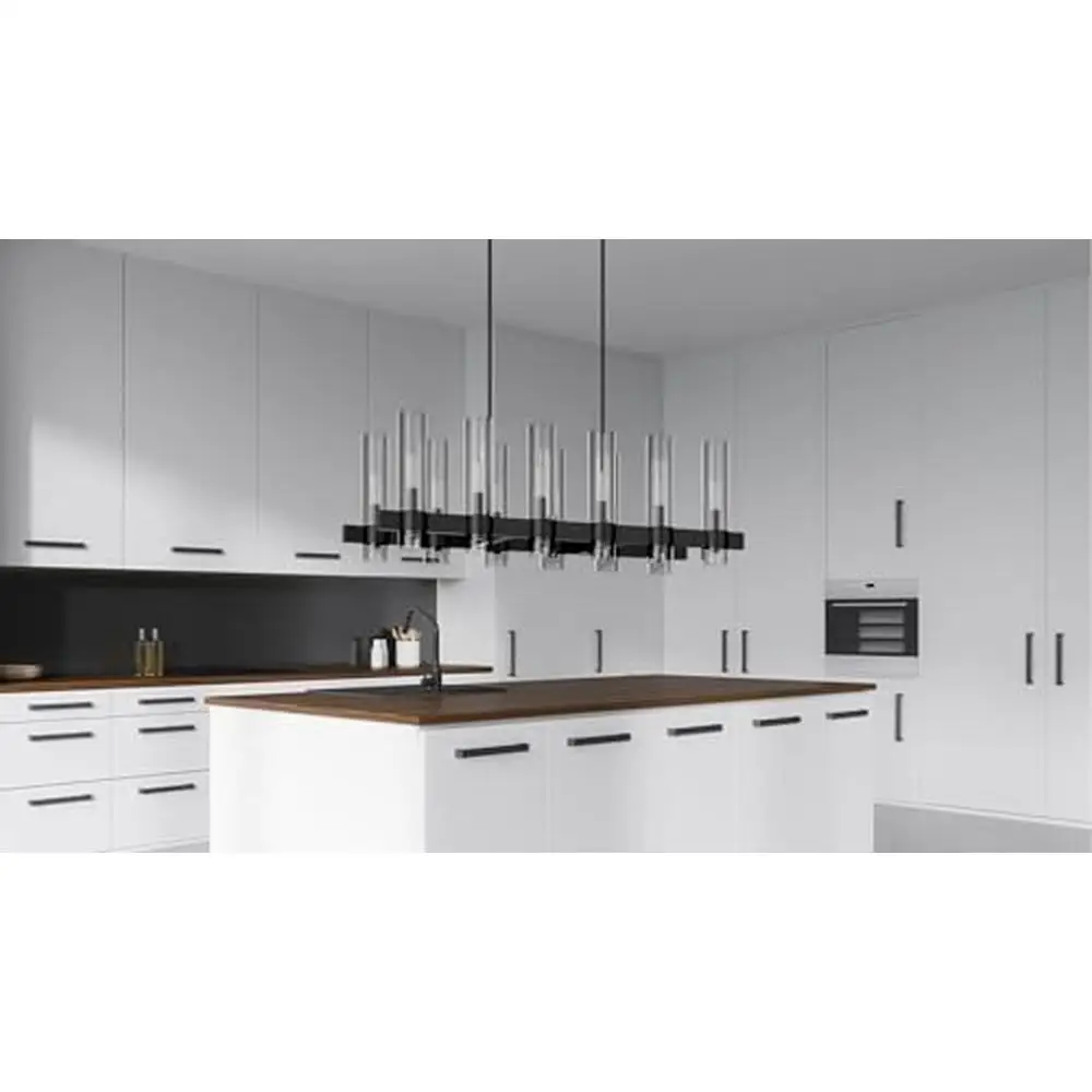 Modern Farmhouse 12-Light Black Linear Chandelier Adjustable Height Glass Shades LED Compatible Ideal Kitchen Island Dining Room