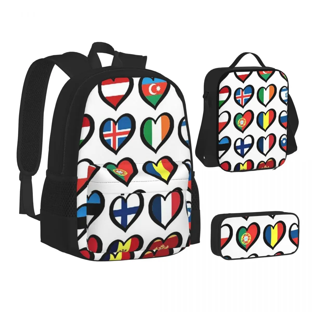 

Eurovision Song Contest Flags Hearts ESC BackpacksChildren School Bags Kids Rucksack Lunch Bag Pen Bag Three-Piece Set