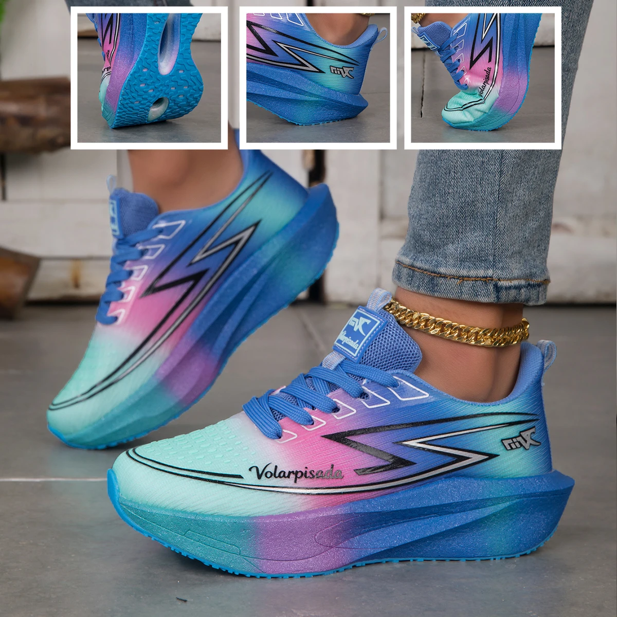 Women Gradient Lightning Print Running Sneakers Breathable Flying Weave Mesh Light Cushion Non Slip Shock Absorb Athletic Gym Jogging Sport Shoes
