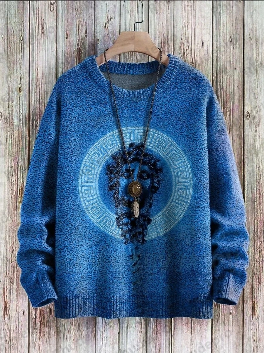 Geometric Figure Imitation Human Face Fish Pattern Basin Vintage Art Vibe Print Sweater Men's For Women's Pullover