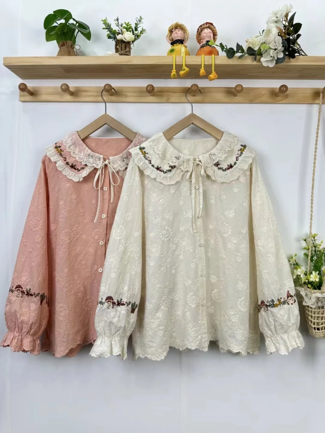 

Cotton Sweet Sle Long Sve Doll Collar irt Embroidered Lace Trim Bow Tie Loose Fit Anti-Aging Cute Top for Women