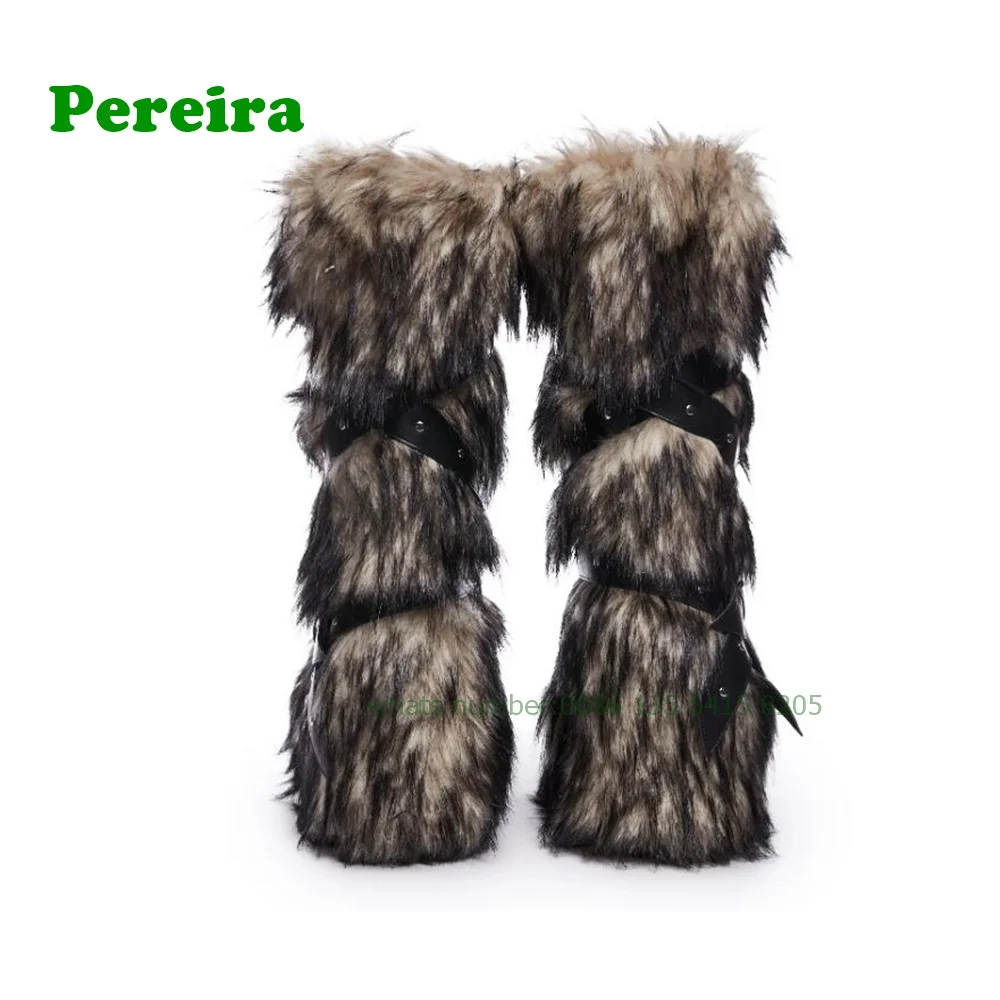 Animal Fur Belt Buckle Snow Boots Round Toe Height Increasing Knee High Women\'s Boots Plush Winter Warm Casual Shoes Luxury