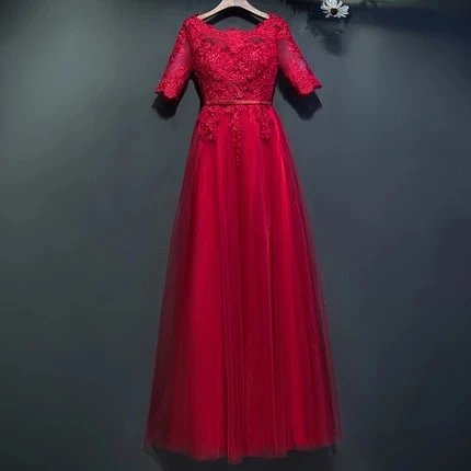 

Angelsbridep Long Prom Dresses Vestido Madrinha Half Sleeves Appliques Corset Floor-Length Chiffon Formal Party Gown