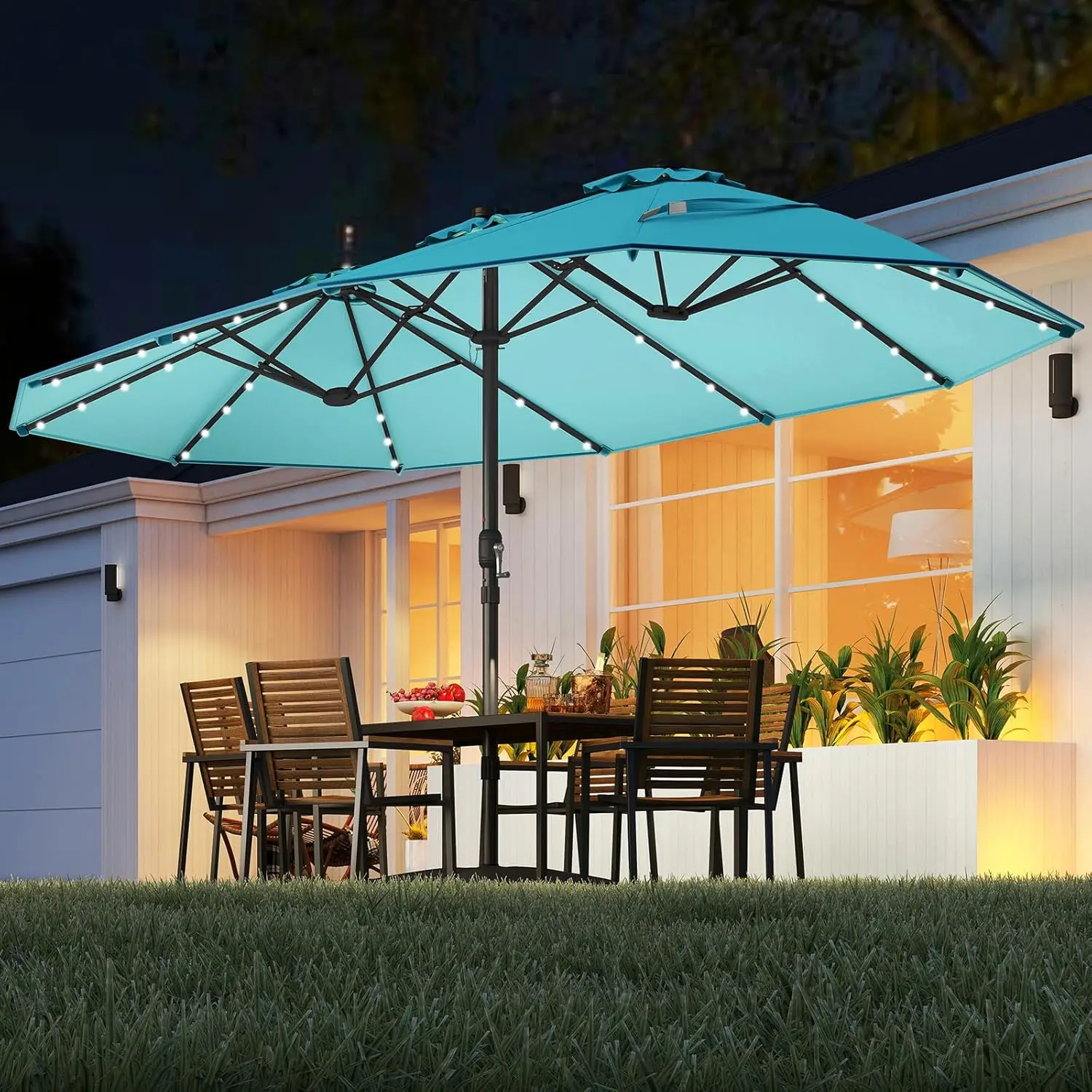 15FT Double-Sided Solar Patio Umbrella, Extra-Large Outdoor Twin Umbrella with 48 LED Lights, Vented Top, Customized