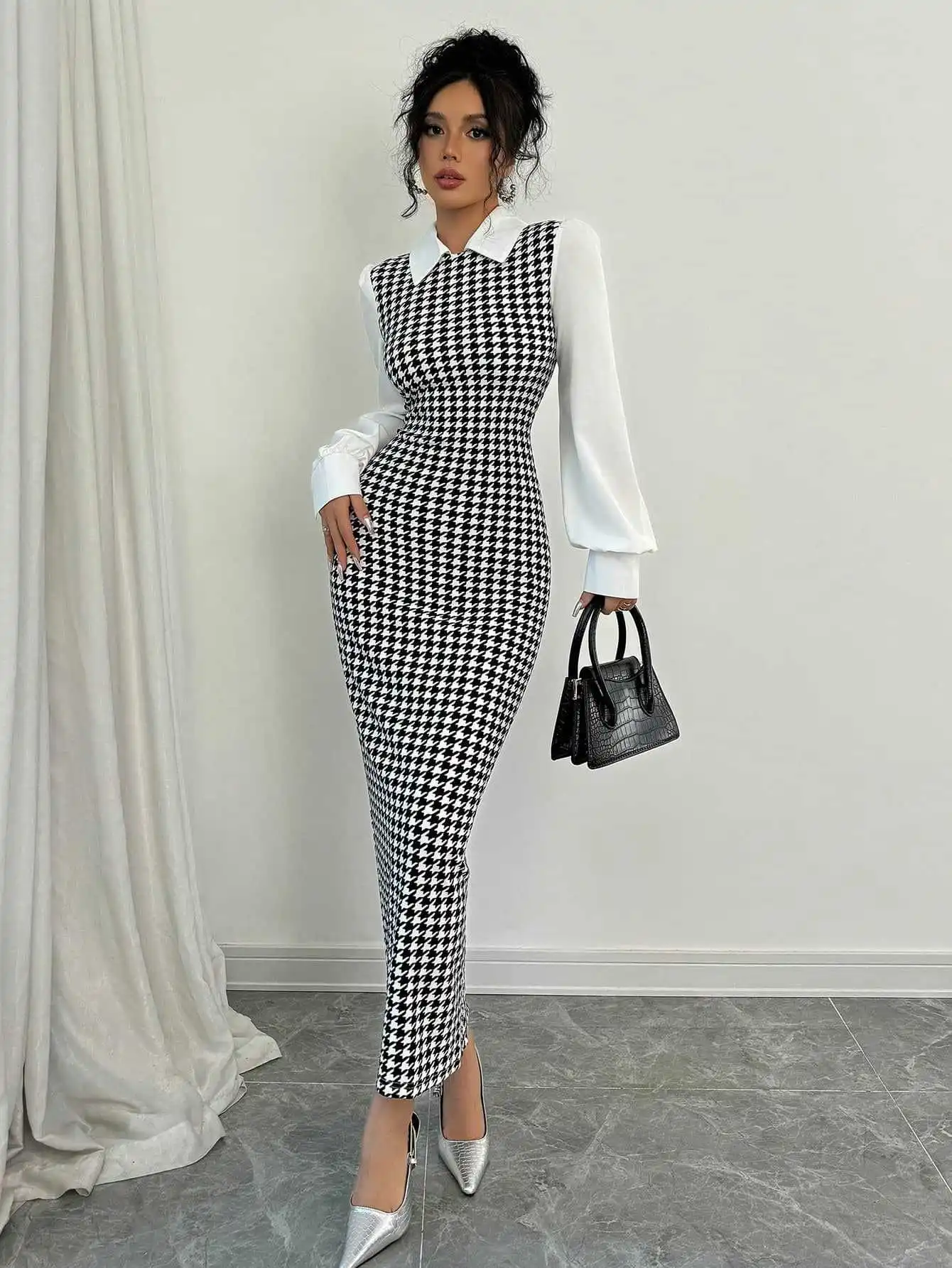 Women's Houndstooth Bodycon Midi Dress Elegant Puff Sleeve Slim Fit Dress for Office/Party - Image 5