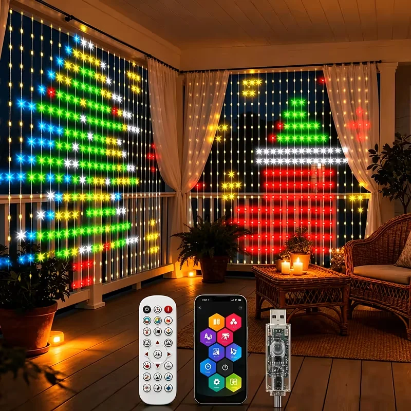 スマートledカーテンライト、rgbライトストリング、アプリで操作可能、防水仕様、diyフェアリーライト、usbプラグ式、テキストパターン表示、パーティーや部屋の装飾に最適。