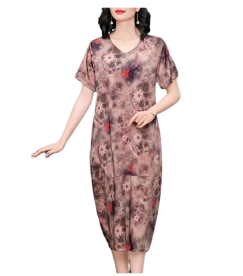 BirdTree, 90%Real Silk Vintage Dresses, Women Short Sleeve Loose Waist, Printed Temperament Large Dress, 2024 Summer D44424QC