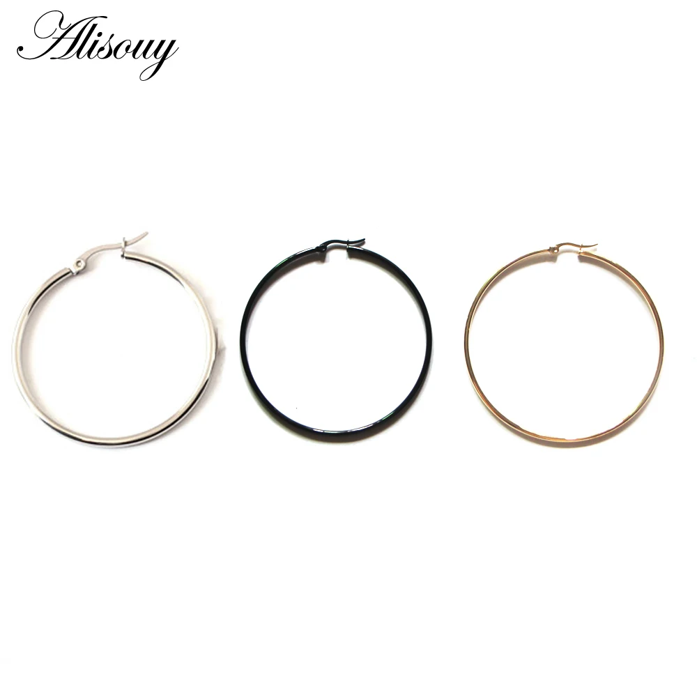 Alisouy 2 pieces 316L Stainless Steel Women Earrings Black Gold Color Hoop Earrings Diameter 10 mm to 85 mm Fashion jewelry