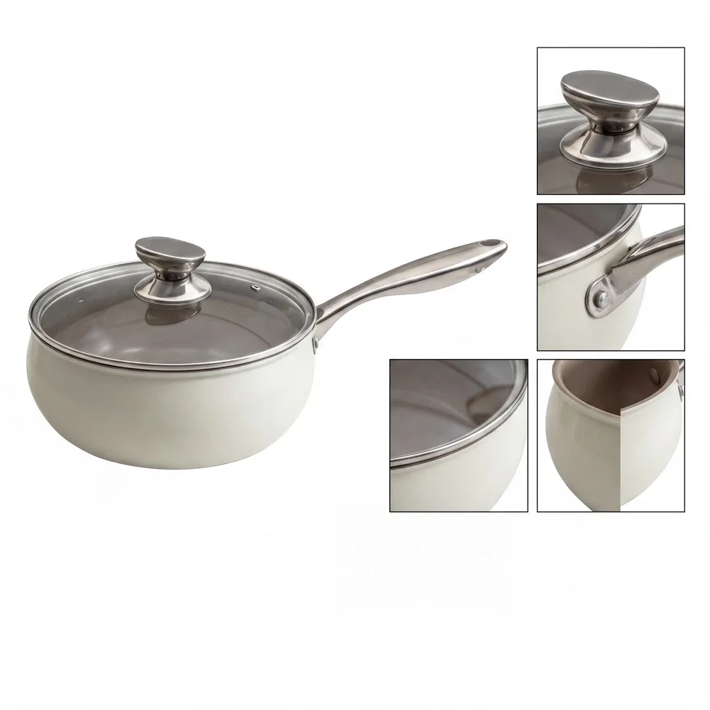 Home Cooking Metal Pot with Curved Body Single Metal Handle and Heat Resistant Glass Lid for Soup Noodle Stir Fry 44.2x24x12cm