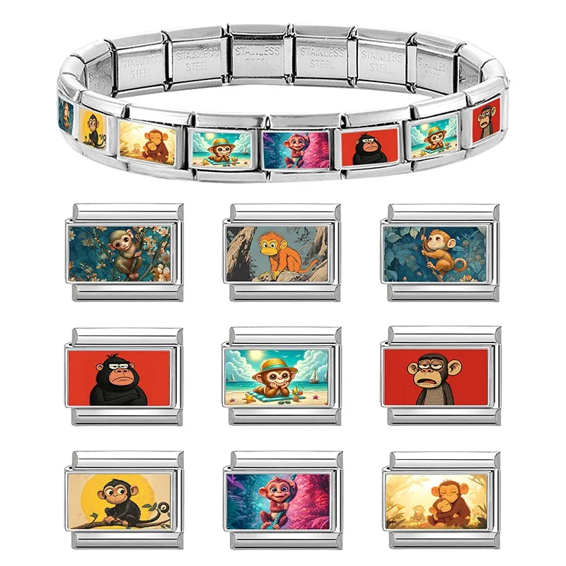Cartoon Cute Monkeys playing on the swing set Italian Charm Links Fit 9mm Stainless Steel Bracelet Men Women DIY Making Jewelrys